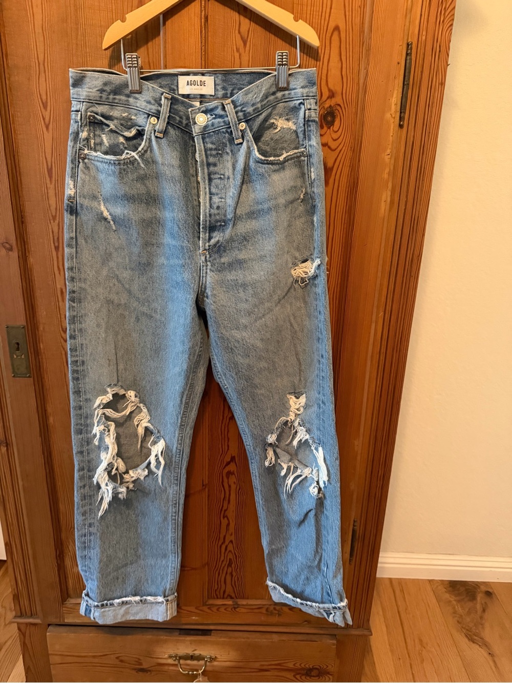 AGOLDE boyfriend baggy Washed Blue Distressed Women’s Jeans button fly